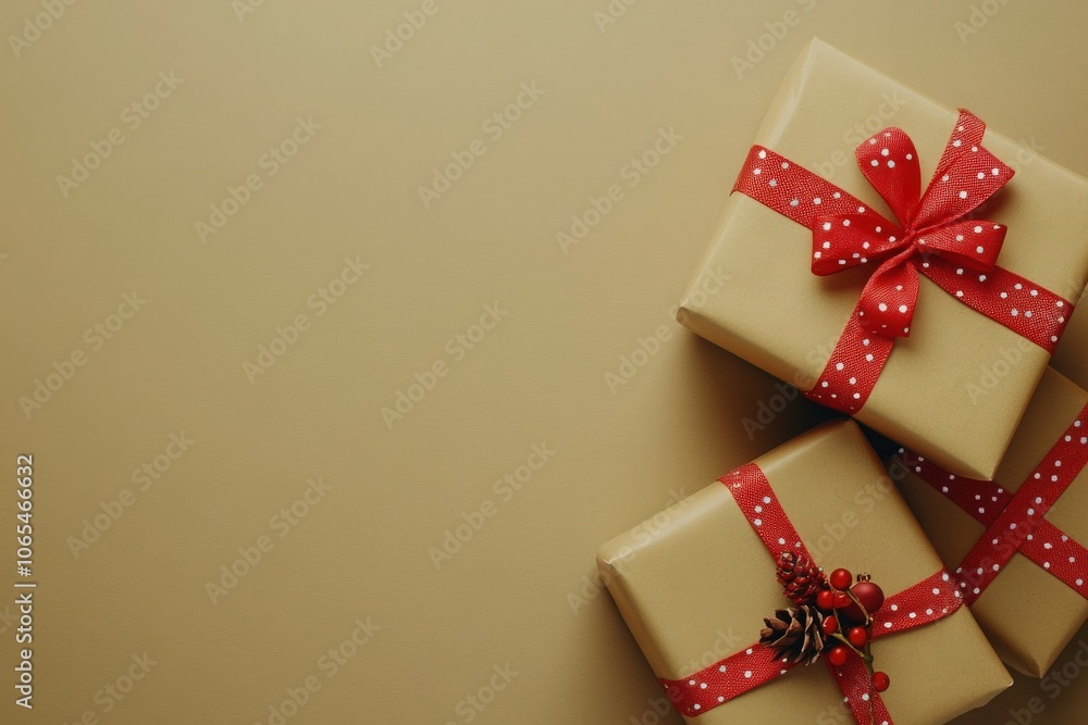 Three beautifully wrapped presents adorned with red ribbons and decorative elements rest on a smooth, neutral surface, creating a joyful and inviting holiday atmosphere.