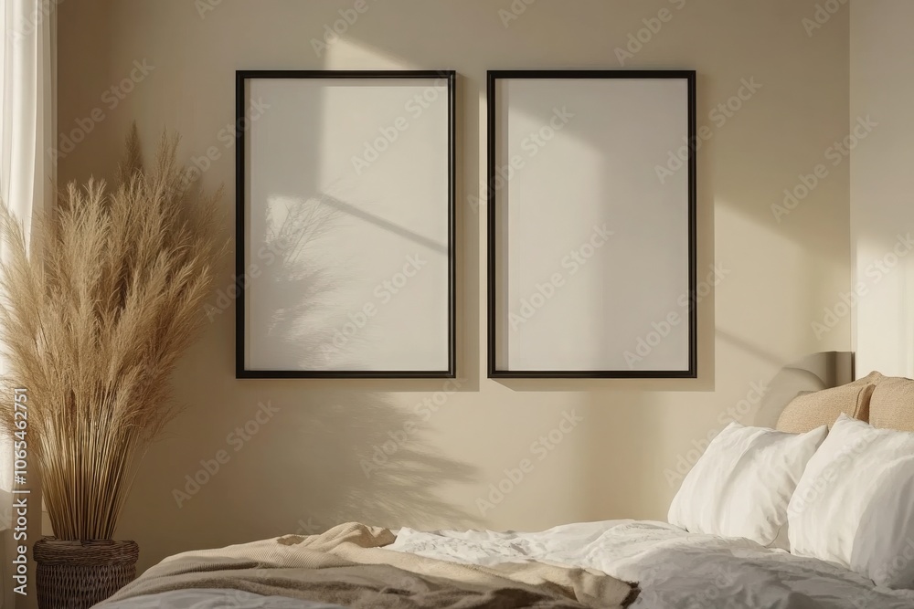 Two aligned black square frames hang on a light wall, casting subtle shadows. A comfortable bed with soft linens is nearby, complemented by a decorative plant, creating an inviting atmosphere.