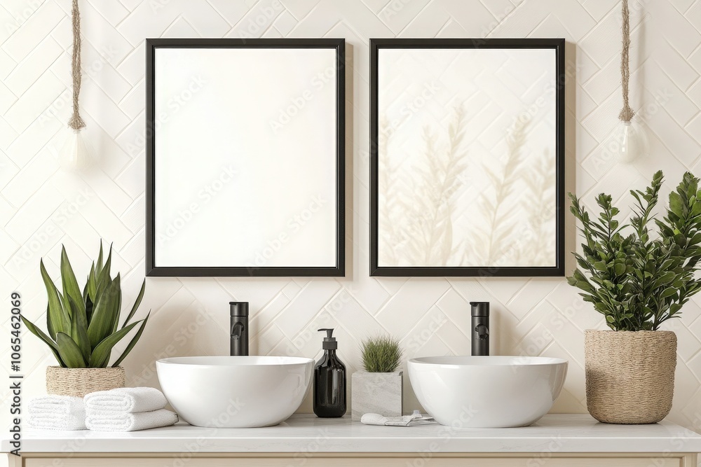 Two aligned square black frames hang above a double sink in a contemporary bathroom. The sleek basin features natural decor, enhancing the minimalist aesthetic of the space.