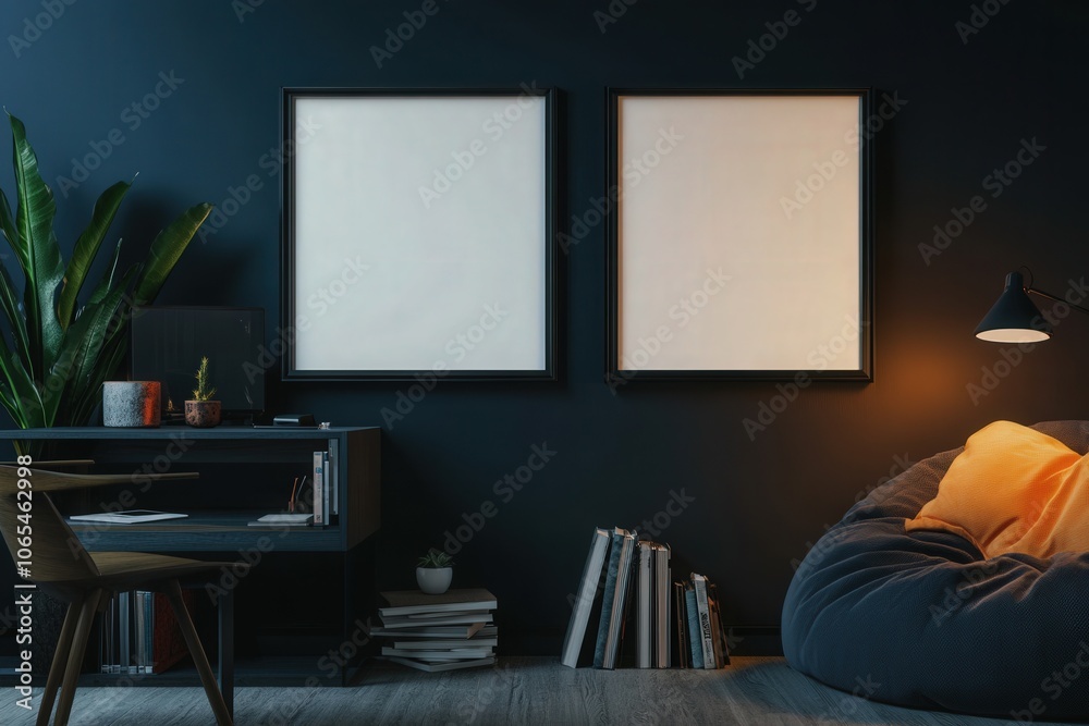 Two black square frames are positioned side by side on a dark wall in a chic, minimalist interior. The room features a cozy atmosphere with a bean bag, a desk, and decorative plants nearby.