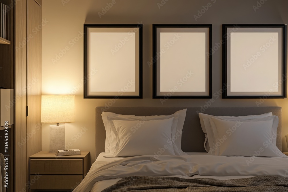 Two black square frames hang side-by-side above a neatly made bed in a softly illuminated bedroom. The space feels warm and inviting, perfect for relaxation and rest.