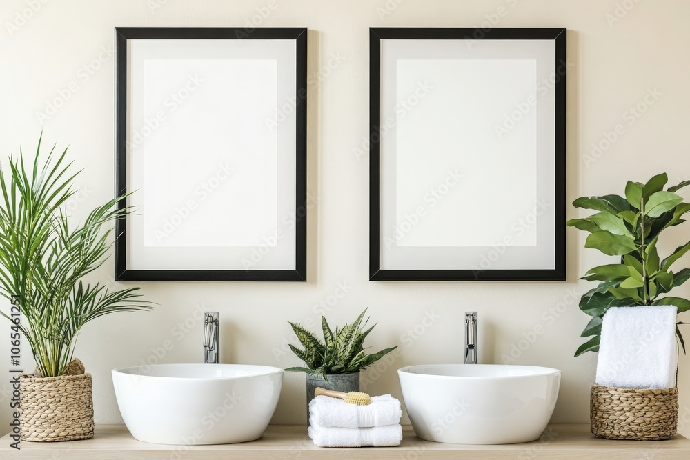 Two empty black frames are positioned side by side above two white sinks, surrounded by decorative plants in woven baskets. The setting has a light and modern design that offers a serene atmosphere.