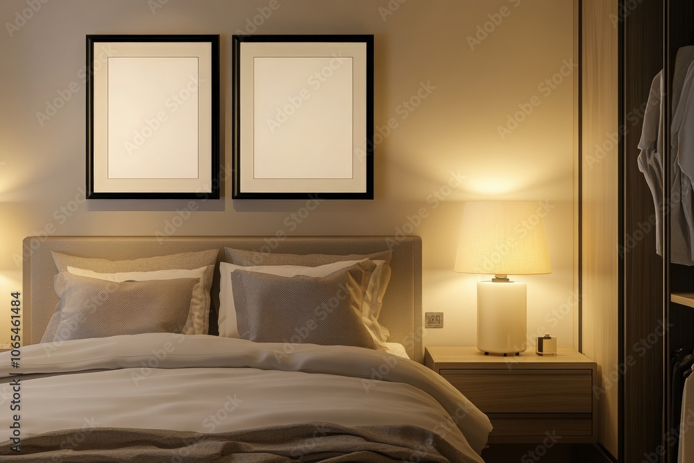 Two empty square black frames are aligned above a neatly made bed in a warm and inviting bedroom. Soft lighting enhances the calming atmosphere, making it a perfect relaxation space.