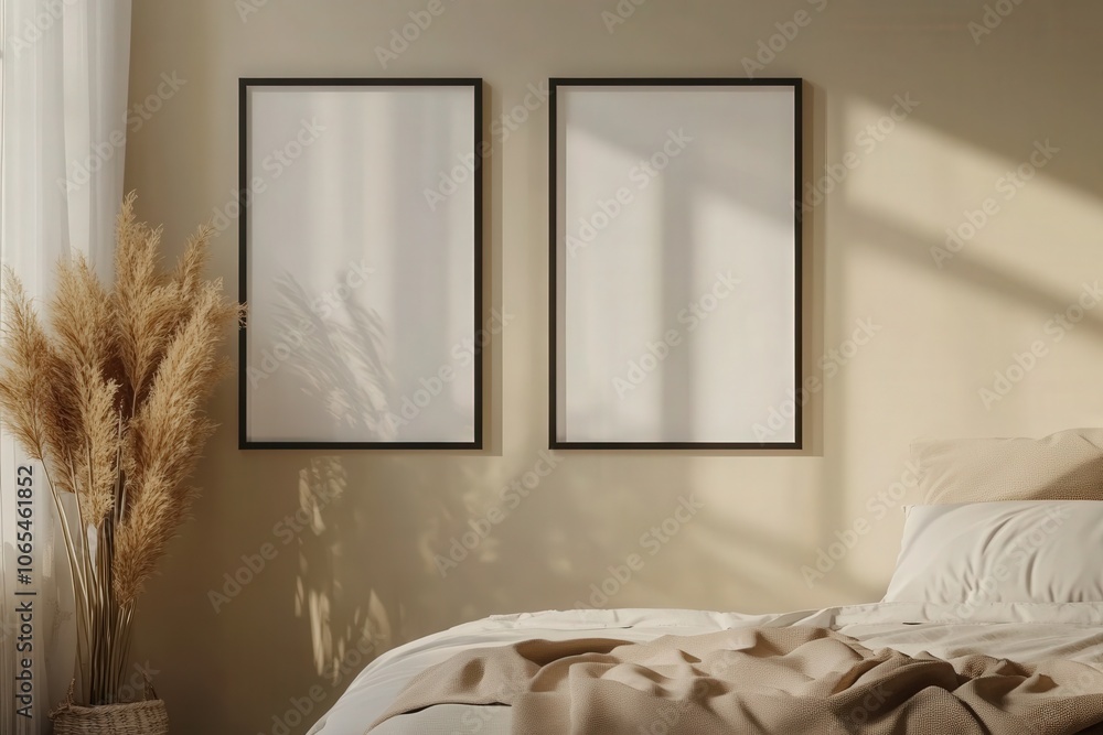 Two empty square black frames are positioned side by side on a soft beige wall. Sunlight gently illuminates a cozy bed adorned with plush bedding, creating a warm atmosphere.