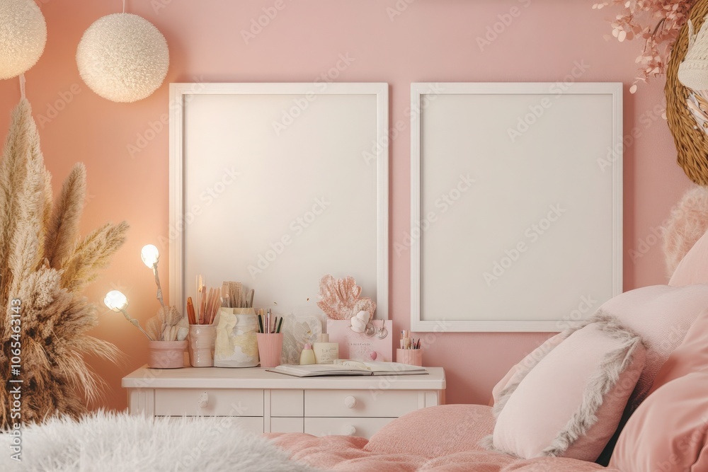 Two empty square white frames are aligned on a pastel pink wall, inviting creativity and personalization. A soft and cozy atmosphere is created by surrounding decor and furnishings.