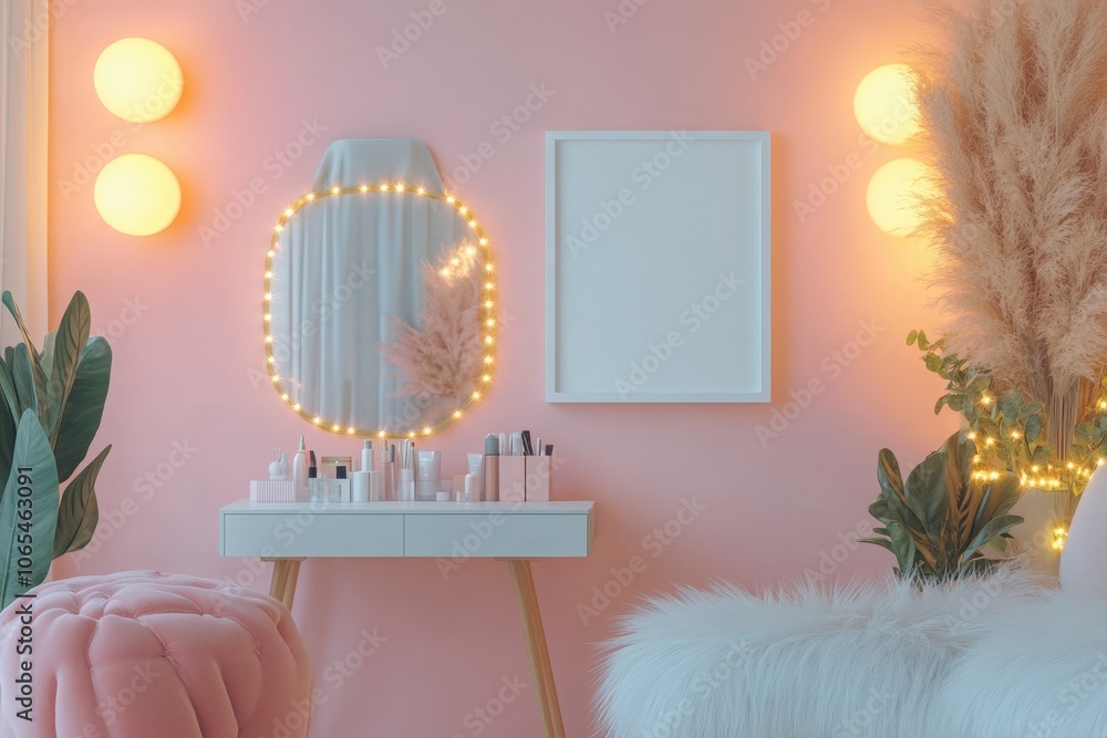 Two empty square white frames are displayed side-by-side on a pastel pink wall, complemented by elegant lighting and decorative plants, creating a stylish and inviting atmosphere.