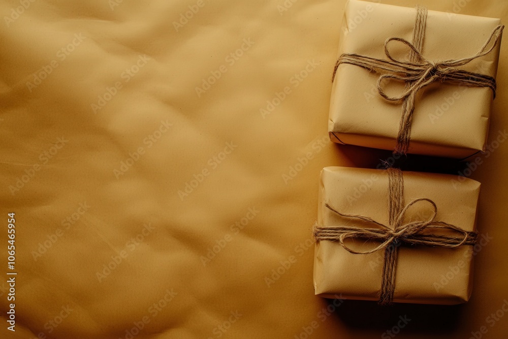 Two meticulously wrapped presents sit neatly on a clean, solid background, exuding a festive charm perfect for holiday celebrations and gift-giving occasions.
