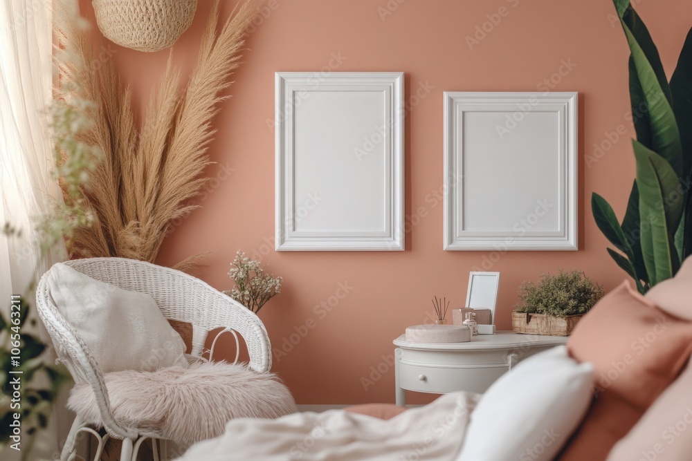 Two square white frames are positioned side by side on a warm peach wall, surrounded by decorative plants and cozy furniture, creating a tranquil home atmosphere.