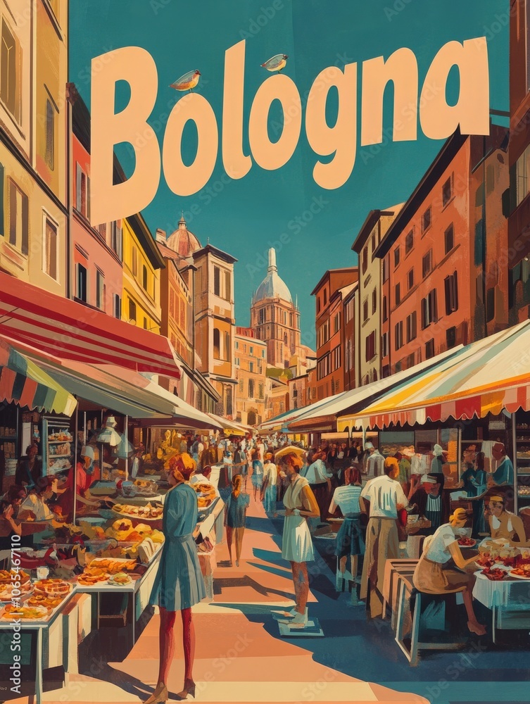 Visitors stroll through a bustling market in Bologna, enjoying the aromas of local food and mingling with vendors. The colorful stalls are decorated with fresh produce and traditional goods.