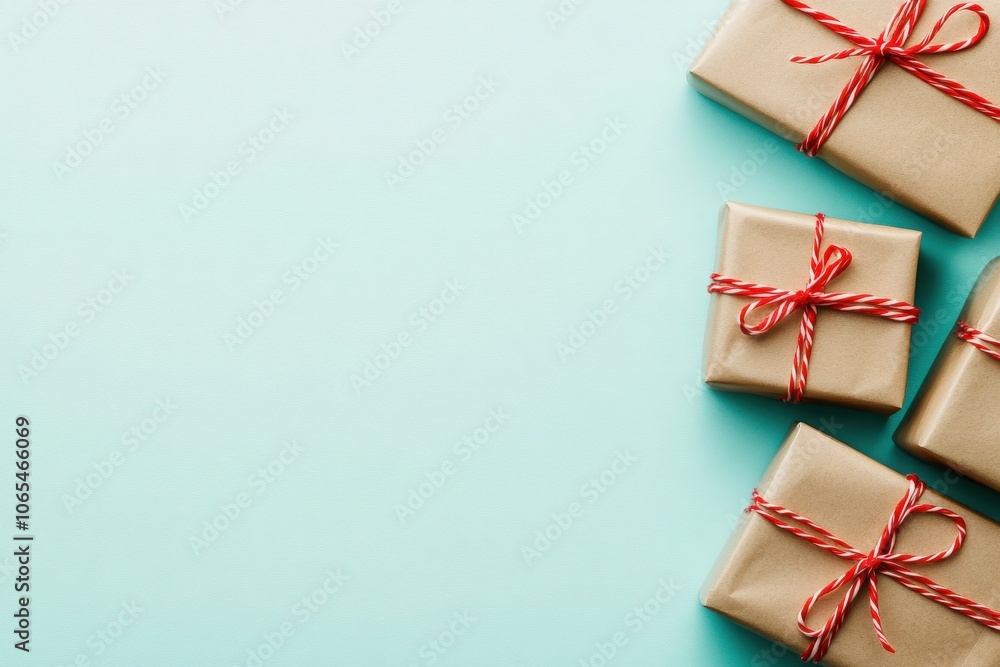 Wrapped presents in simple brown paper and red twine are carefully arranged on a solid pastel background, creating a festive atmosphere suitable for celebrations or gifting moments.