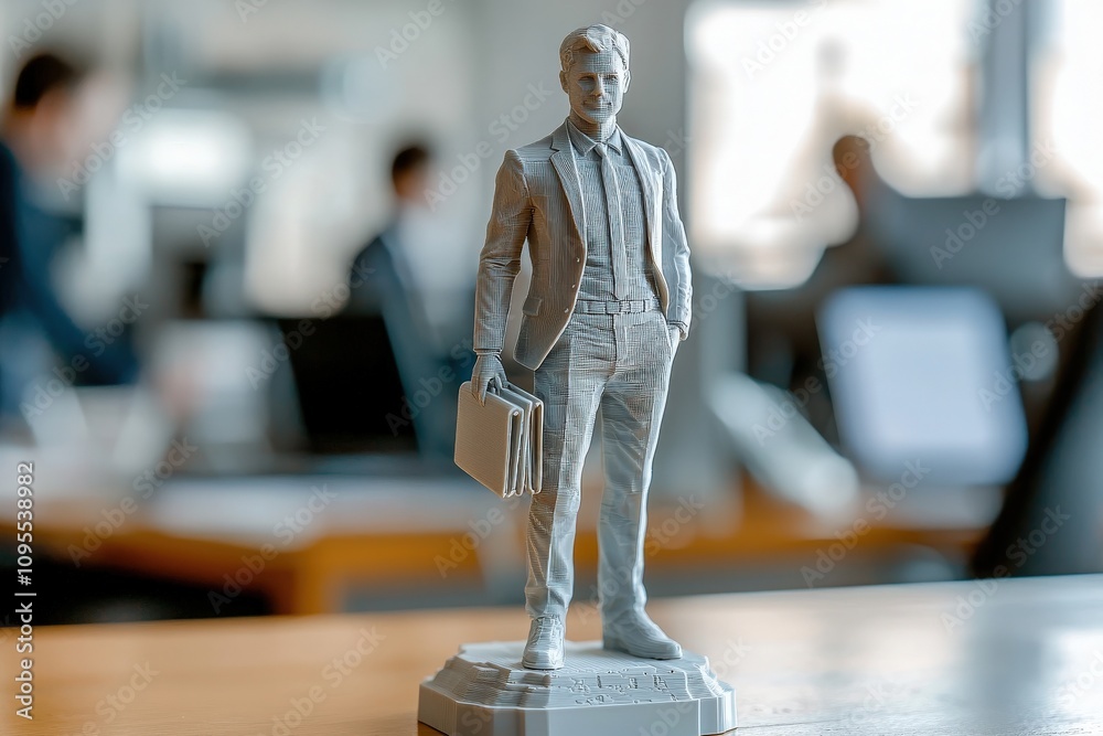 A 3D printed figurine depicts a suited business professional holding a briefcase in a contemporary office.