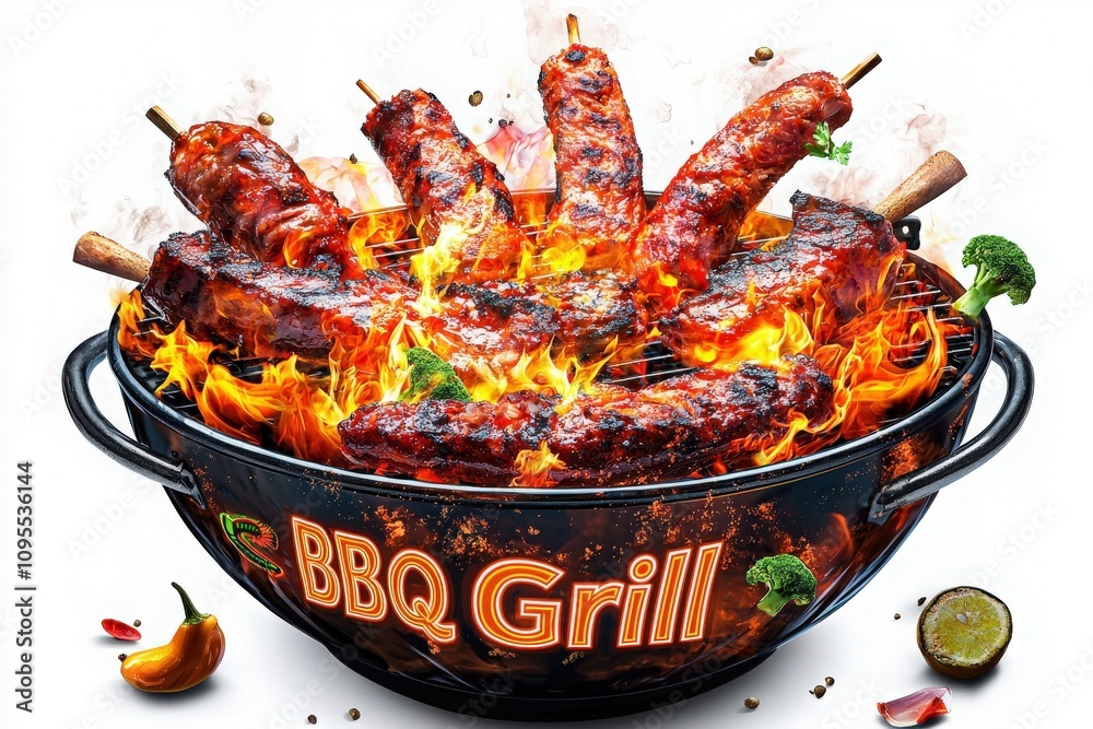 A BBQ grill filled with various meats is engulfed in flames and smoke, showcasing a vibrant cooking atmosphere with spices scattered around, perfect for a summer cookout.