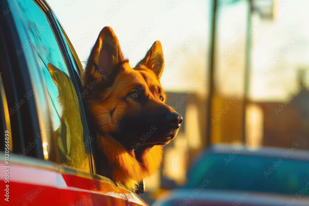 A German Shepherd leans out of a car window, basking in the sunlight during a warm late afternoon. The vibrant colors of the sunset illuminate its fur, creating a serene atmosphere.