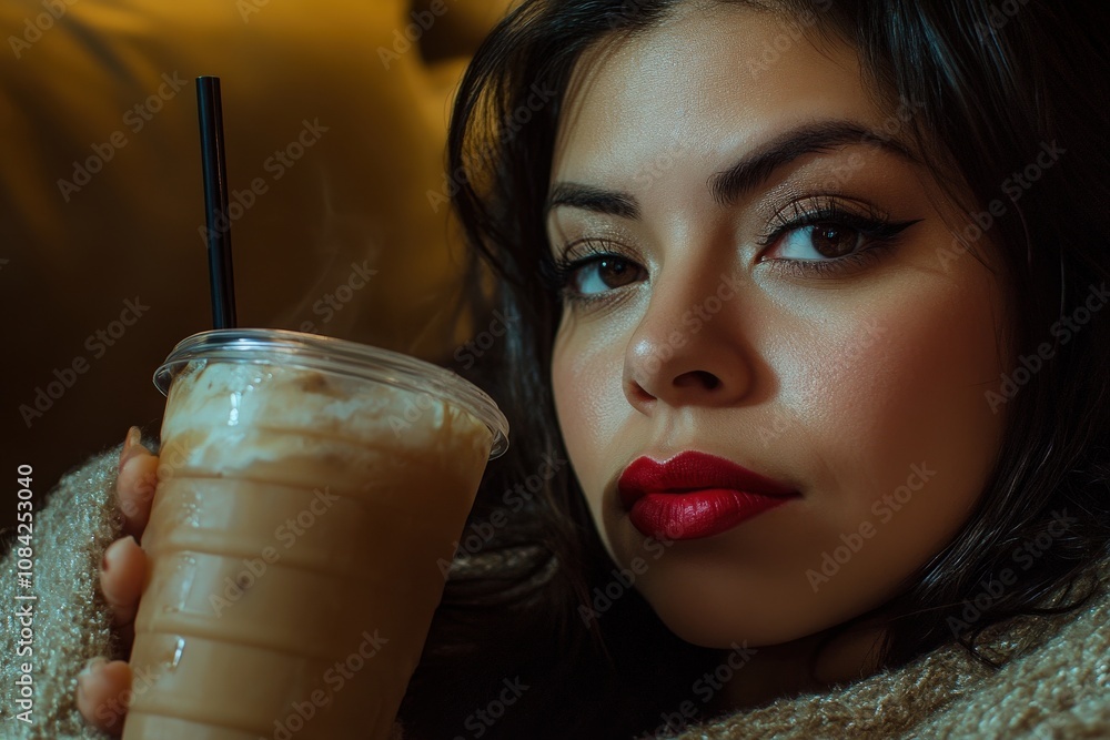 A Hispanic woman with brown hair playfully covers her face while holding a refreshing drink. She appears relaxed, showcasing her vibrant red lips and captivating eyes in a cozy indoor setting.