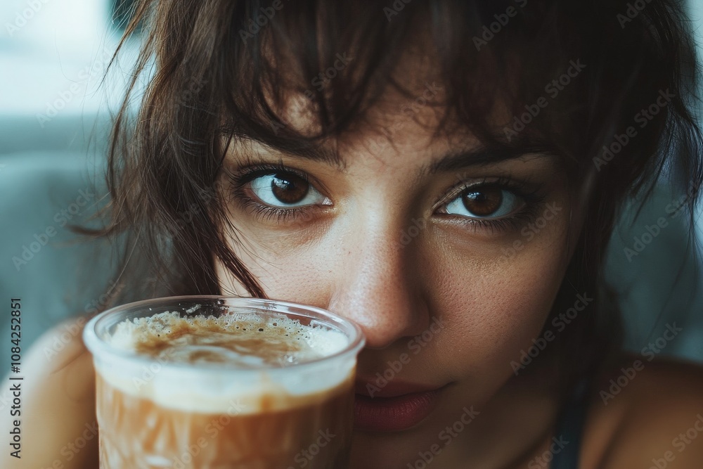A Hispanic woman with brown hair playfully covers her face with an iced coffee cup in a cozy cafe. The warm sunlight creates a relaxed atmosphere, perfect for enjoying a beverage and unwinding.