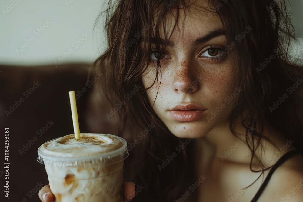 A Hispanic woman with brown hair poses for a selfie, partially covering her face while holding an iced drink. She appears relaxed in a cozy indoor space, enjoying her moment.