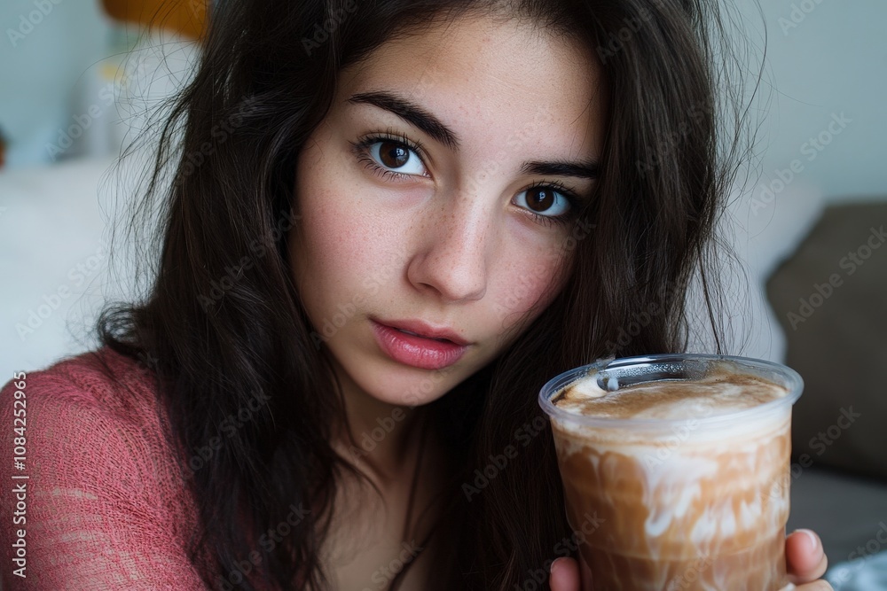 A Hispanic woman with brown hair takes a selfie while covering part of her face with a playful expression. She holds a delicious iced drink in her hand, set in a warm and inviting room.