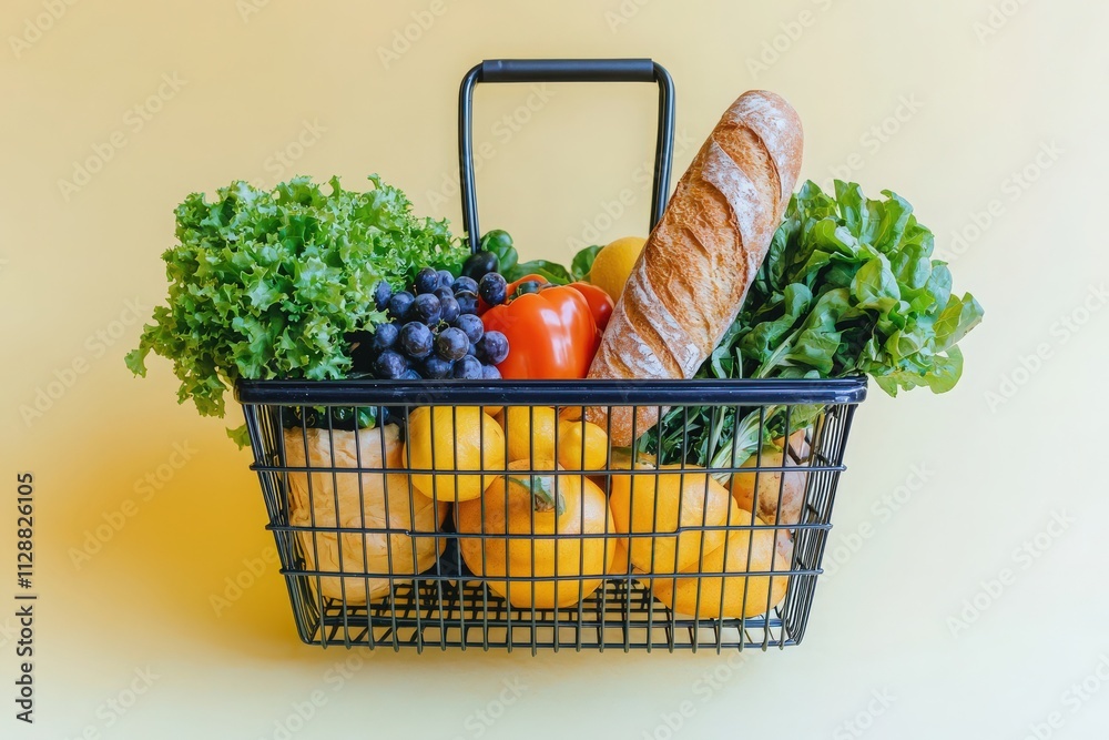 A basket overflowing with vibrant produce, including greens, berries, and a loaf of bread, is set against a sunny yellow backdrop. This display highlights healthy groceries.