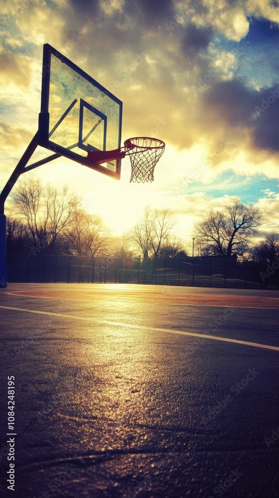 A basketball hoop stands prominently at sunset with a basketball in view. The colors of the sky blend beautifully with silhouetted trees, creating a serene atmosphere at this outdoor court.