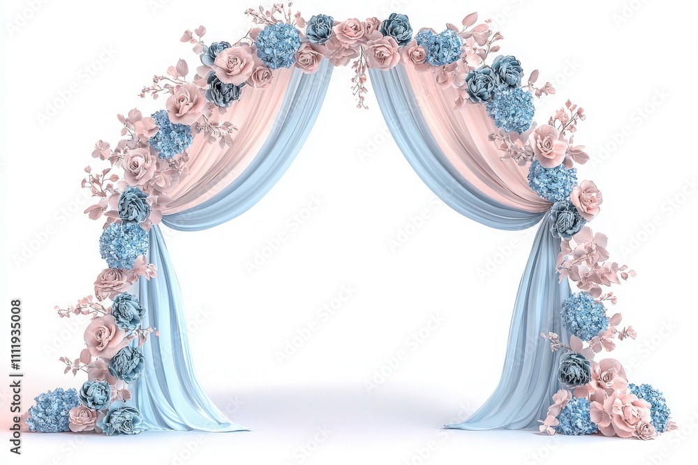 A beautiful arch is adorned with soft pink and blue flowers, creating a romantic atmosphere perfect for wedding ceremonies. The drapes flow gently, enhancing the elegant design.