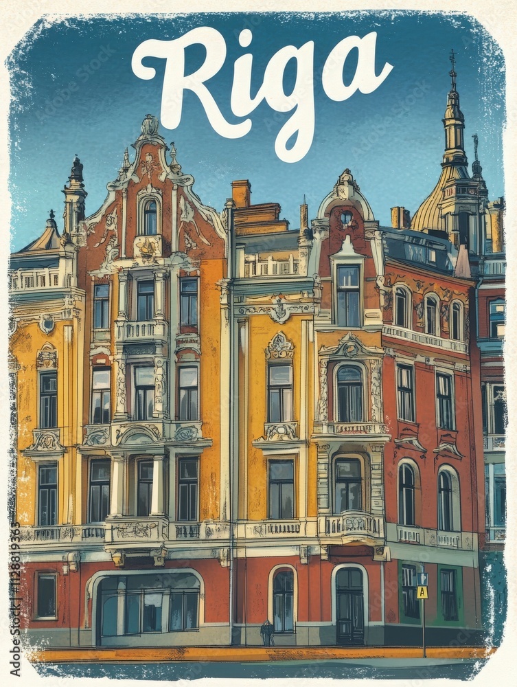 A beautiful building in Riga features colorful facades and detailed ornamentation under a clear blue sky. This architecture highlights the citys rich cultural heritage and historical significance.