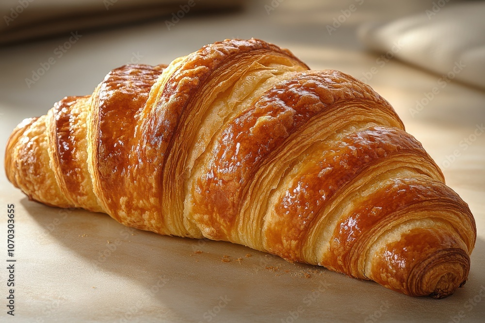 A beautiful croissant, perfectly baked to a golden brown, rests atop a wooden surface, showcasing its flaky texture and buttery layers, inviting a delightful culinary experience.