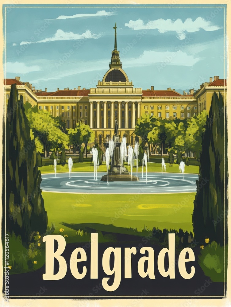 A beautiful fountain is prominently displayed in the center of a park in Belgrade, surrounded by lush greenery and classic architecture. The sun shines brightly, creating a tranquil atmosphere.