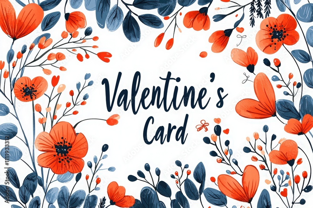 A beautiful illustration features vibrant flowers and hearts in shades of red and blue, suitable for a Valentines card. Perfect for expressing love and affection on this special day.