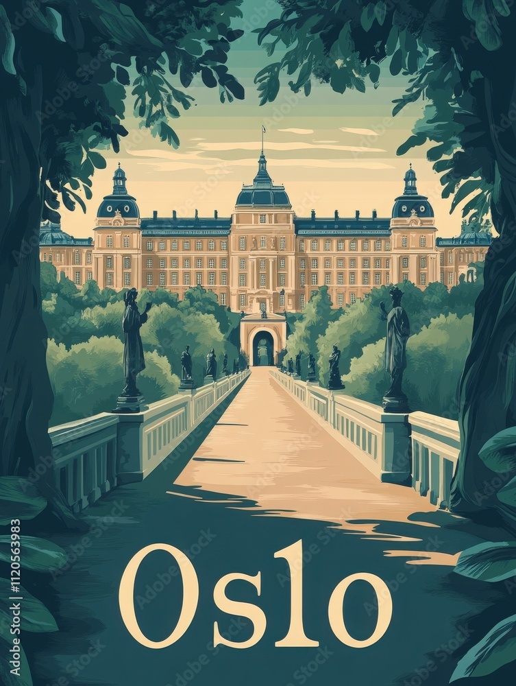 A beautiful pathway leads through vibrant foliage towards a grand building in Oslo, showcasing intricate architecture and statues, inviting exploration and admiration.