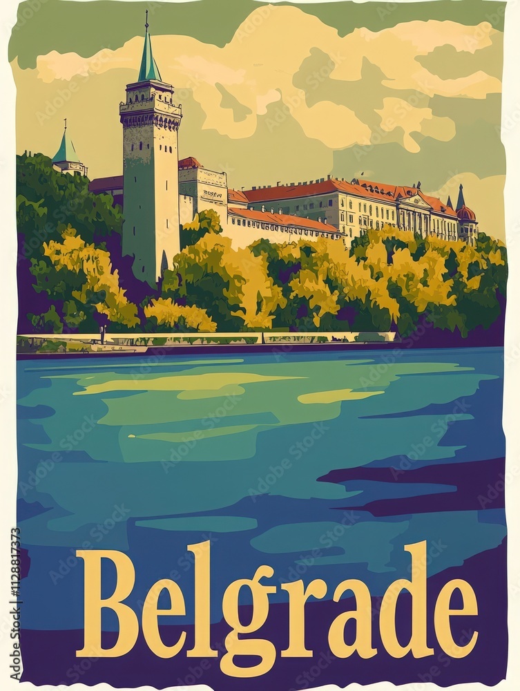 A beautiful view of Belgrade by the water, featuring a historic building with a tower surrounded by vibrant greenery, under a bright, partly cloudy sky.