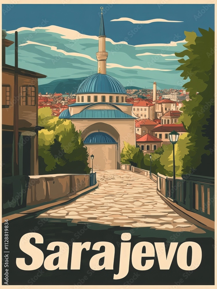 A beautiful view of Sarajevo showcases unique architecture and a cobblestone path lined with greenery. The iconic blue dome stands out against the backdrop of the citys hills.