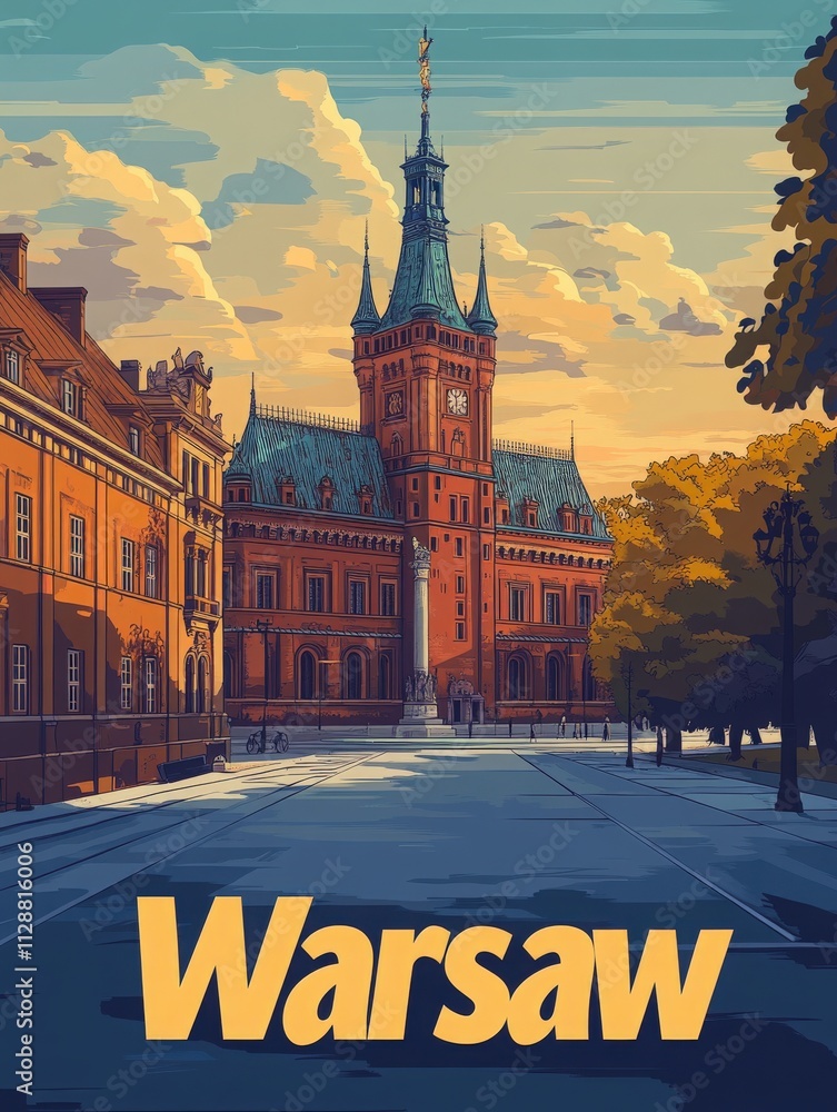 A beautiful view of Warsaws historic building with intricate architecture. The sunset casts warm light over the scene, enhancing the vibrant colors of the structure and surrounding trees.