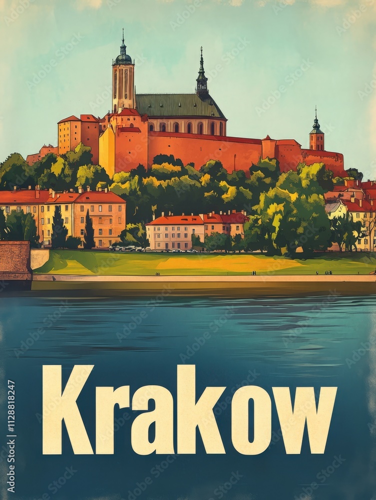 A beautiful view of a historic castle in Krakow perched on a hill, reflected in the calm river below. The sun illuminates the structure and surrounding greenery, creating a picturesque setting.