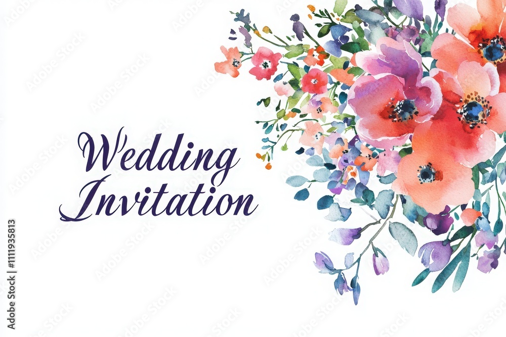 A beautiful wedding invitation showcases colorful flowers in shades of pink and purple, paired with elegant script. Ideal for announcing a special celebration in a romantic setting.