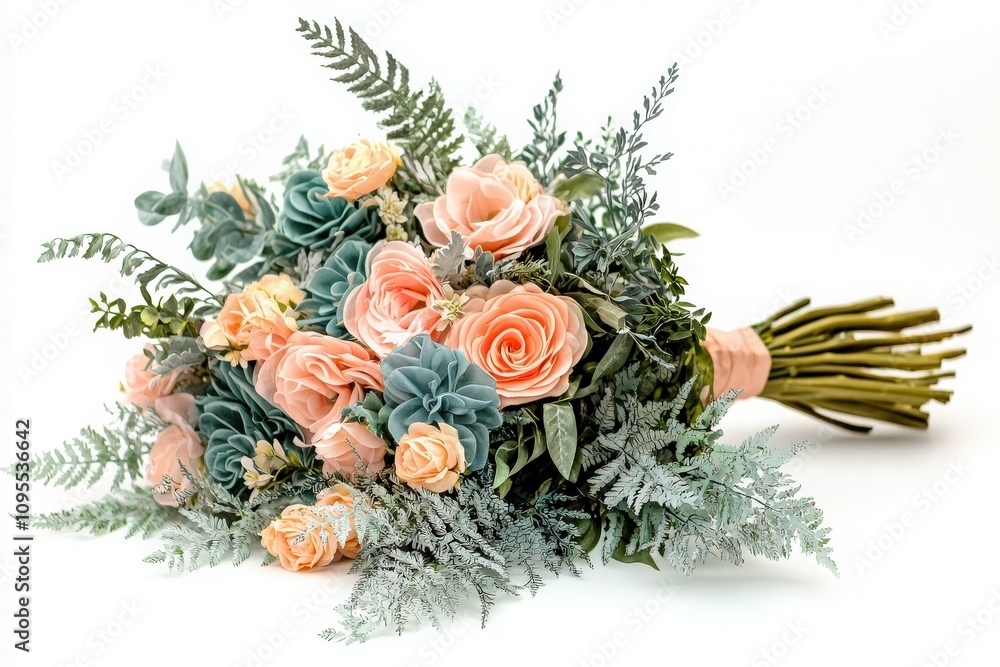 A beautifully arranged bouquet showcases soft peach and teal roses intertwined with lush greenery. The composition highlights elegant, timeless blossoms, perfect for special occasions.