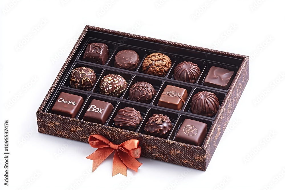A beautifully arranged box containing various chocolates, showcasing different shapes and textures. The elegant packaging features a ribbon and decorative details, making it perfect for gifting.