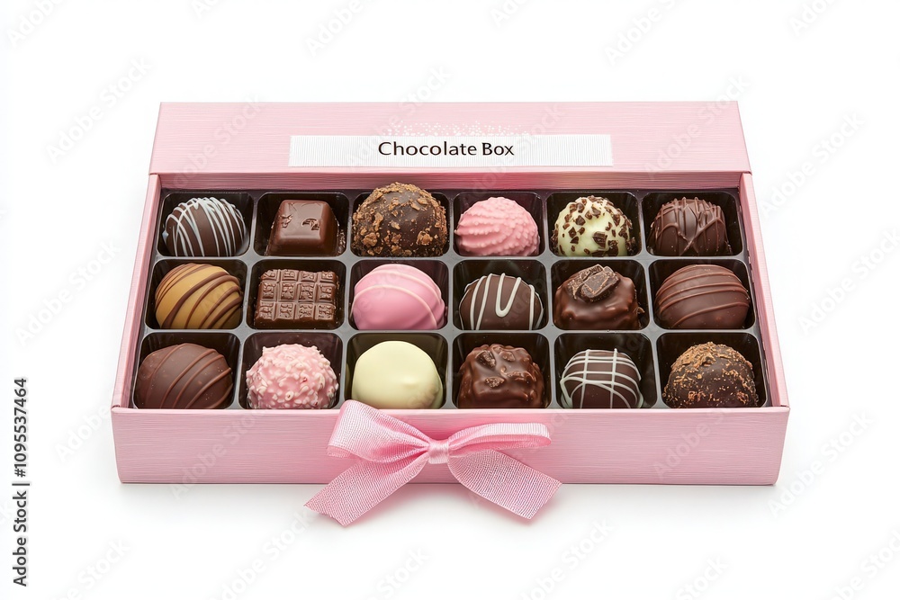 A beautifully arranged box of assorted chocolates in various colors and textures is presented with a pink ribbon. Ideal for gifting on birthdays, anniversaries, or celebrations.
