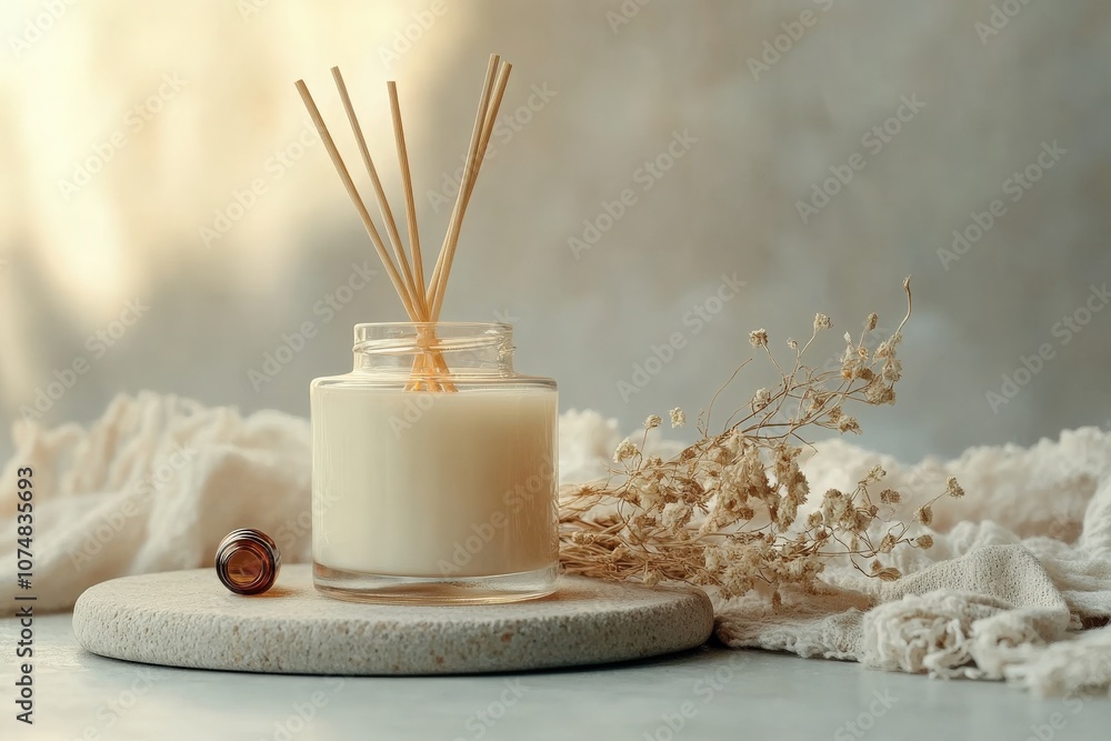 A beautifully arranged candle jar with an essential oil diffuser surrounded by dried flowers. The calming setting emphasizes tranquility and relaxation, perfect for enhancing any ambiance.