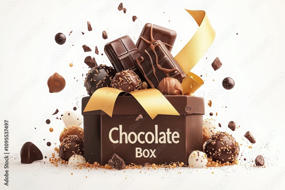 A beautifully arranged chocolate box overflows with a variety of gourmet chocolates, truffles, and pralines, showcasing a luxurious presentation with a golden ribbon and scattered cocoa pieces.
