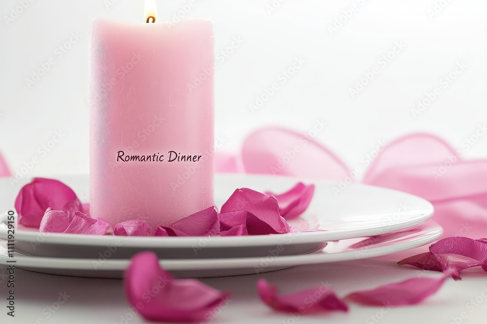 A beautifully arranged romantic dinner setting includes a pink candle in the center. Surrounding it are delicate rose petals on white plates, creating an enchanting atmosphere.