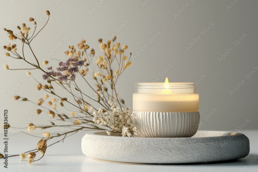 A beautifully arranged scented candle jar sits alongside delicate dried flowers on a simple plate. The soft glow of the candlelight adds warmth to the minimalist aesthetic.
