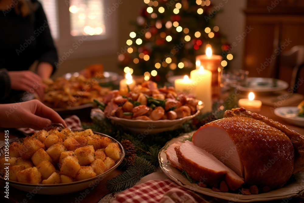 A beautifully arranged table features roasted turkey, golden crispy potatoes, and various side dishes.