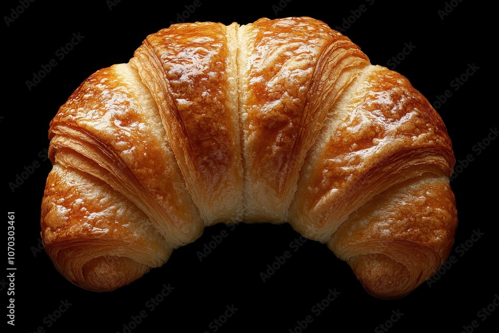 A beautifully baked croissant displays its flaky layers and golden-brown crust. This top-down view highlights the pastrys inviting texture, perfect for breakfast or a delightful snack.