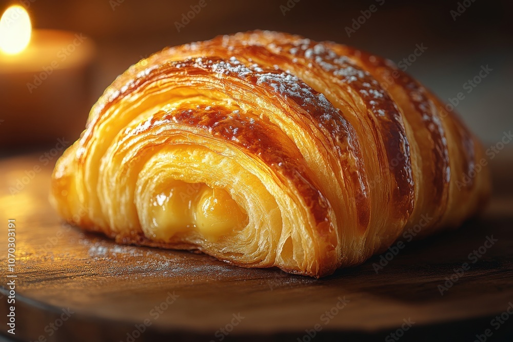 A beautifully baked croissant reveals a golden, flaky crust and a rich, creamy filling. The warm light adds a cozy ambiance, enhancing the tempting look of this delightful pastry.