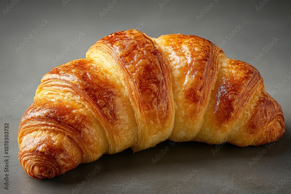 A beautifully baked croissant sits on a dark surface, showcasing its flaky texture and rich golden color. The top-down view highlights the delicate layers and shine of the crust.