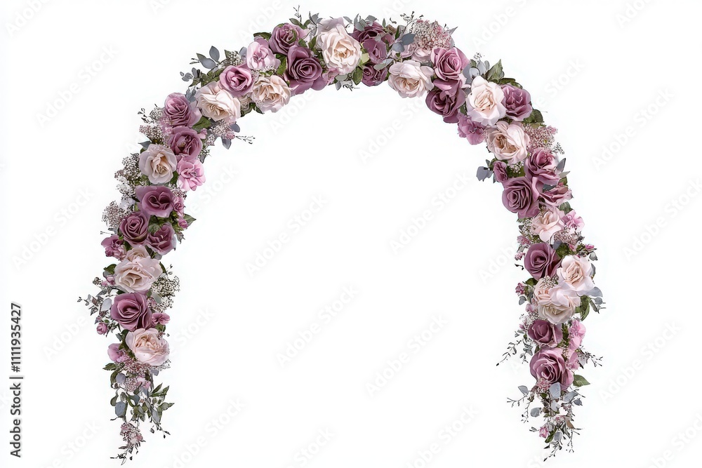 A beautifully crafted floral arch features an array of pink and lavender roses intertwined with greenery, ideal for a wedding ceremony backdrop. This sophisticated decoration adds a romantic touch.