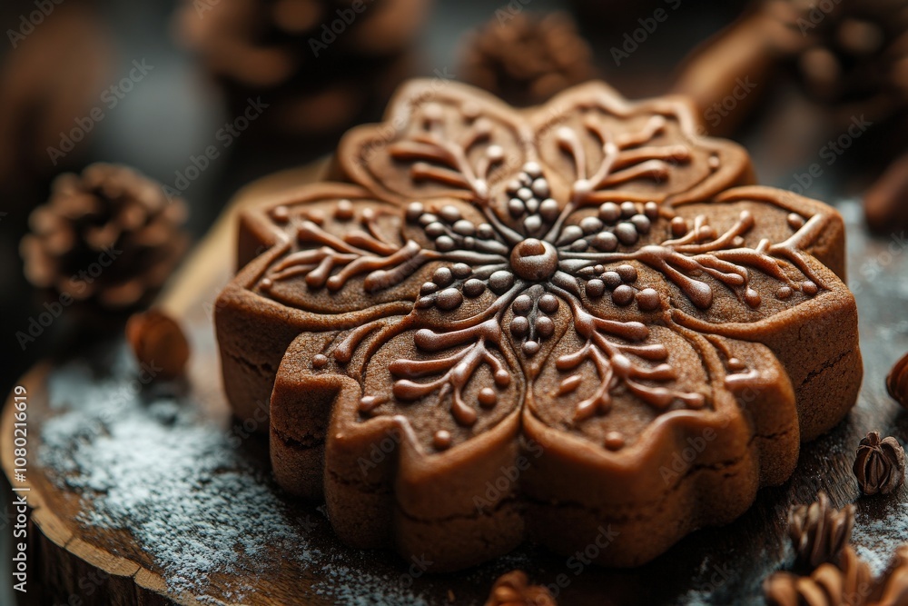 A beautifully crafted gingerbread cookie features detailed floral designs and sits atop a rustic wooden board. The atmosphere suggests a cozy winter setting, perfect for festive celebrations.