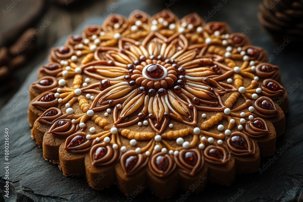 A beautifully crafted gingerbread cookie features intricate icing designs and colorful decorations, showcasing festive artistry. This delightful treat captures the essence of holiday cheer.