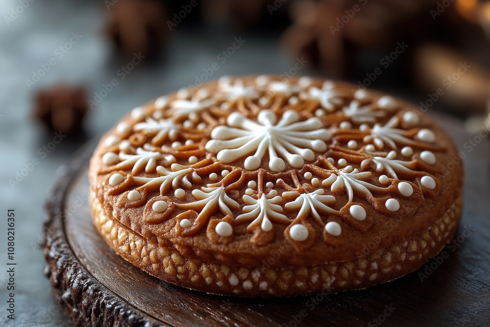 A beautifully crafted gingerbread cookie sits on a wooden platter, showcasing detailed icing designs against a soft backdrop, perfect for celebrating winter holidays and creating joyful memories.