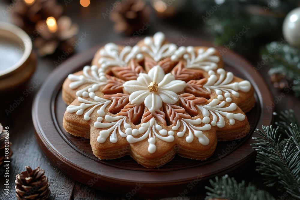 A beautifully crafted gingerbread cookie takes center stage, adorned with detailed icing designs, surrounded by festive decorations, highlighting the cheerful spirit of the holiday season.